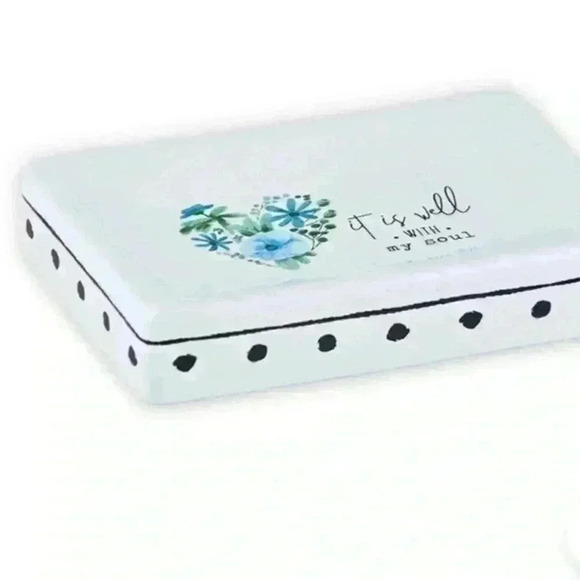 It Is Well With My Soul White Ceramic Soap Dish W/ Blue Flowers & Black Accents - Picture 8 of 13